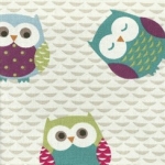 Owls: Designer fabric will an array of multicolored owl printed on cream cotton.